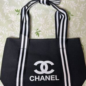 CHANEL ノベルティ ストライプ リボン トートバッグ ブラック