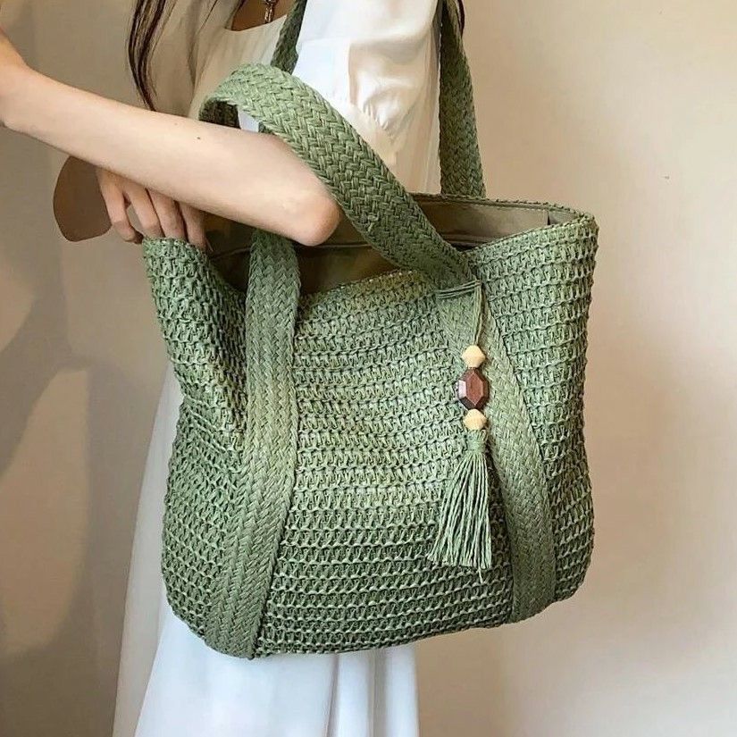 夏休み サマー シンプル カジュアル 大容量 タッセル飾り ストローバッグ グリーン608267