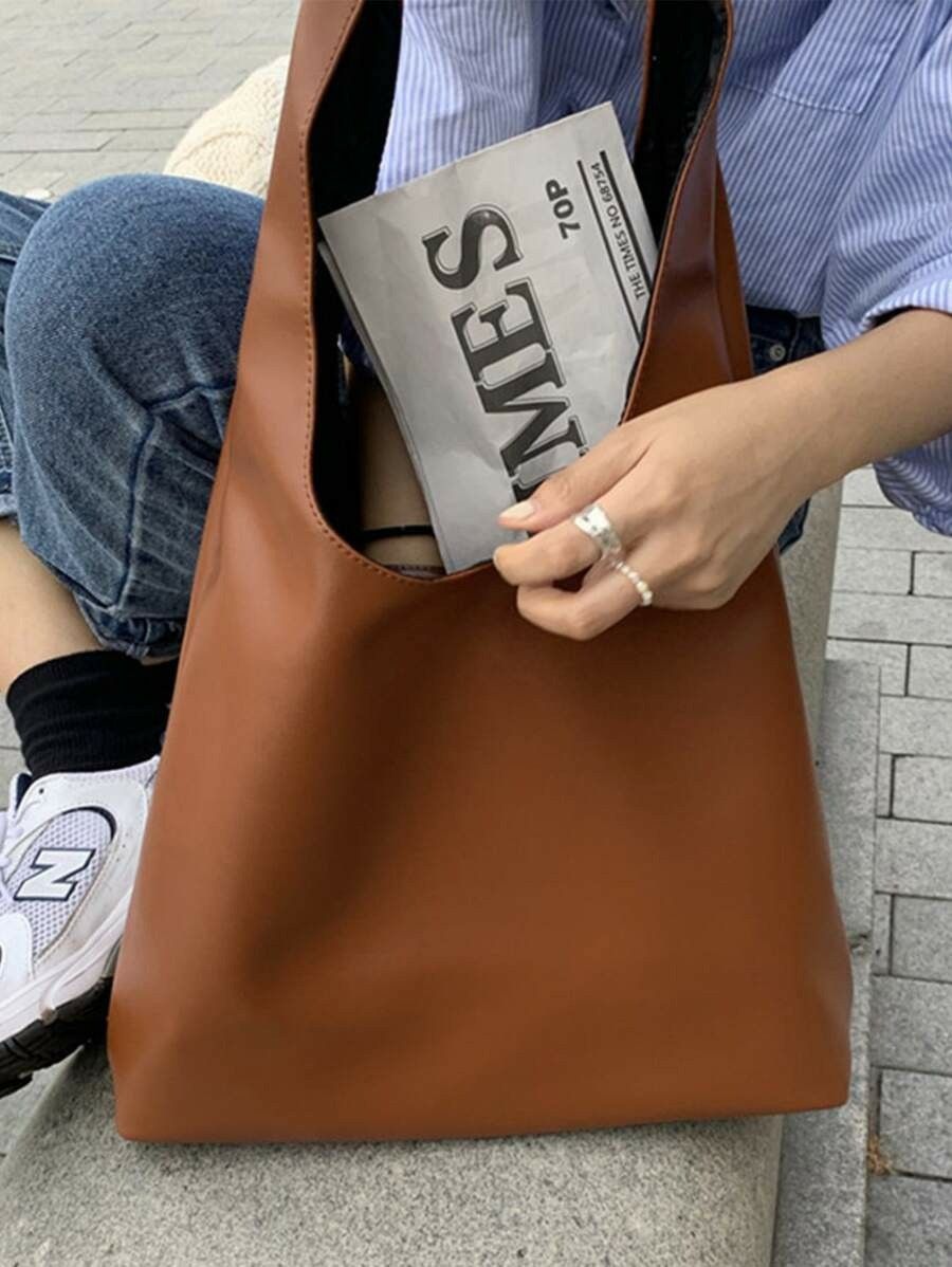 シンプル ファッション 大容量 ショルダー トートバッグ お洒落 トレンド ブラウン pu レザー476399