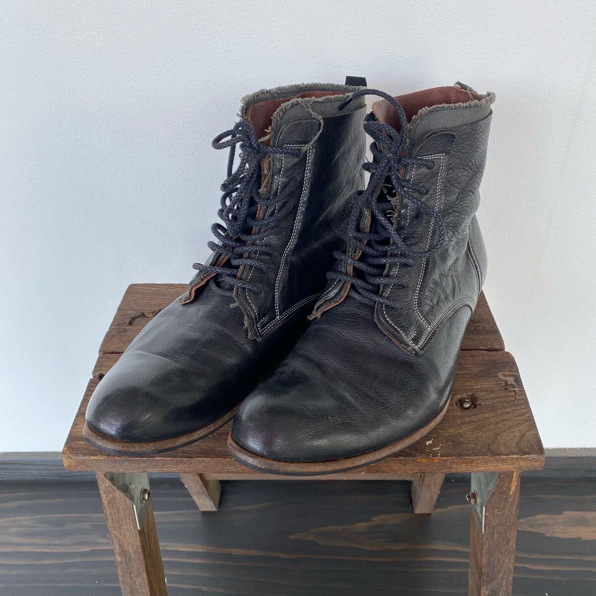 【ミハラヤスヒロ MIHARA YASUHIRO 三原康裕 レザー ブーツ メンズ 25cm ブラック 黒 レースアップ 革靴 シューズ】二手;物流保障;有些许损伤或污渍
