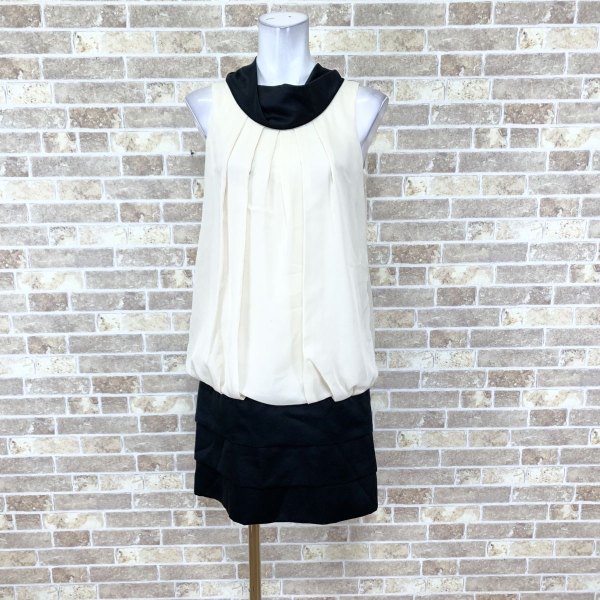 1円 ドレス CECIL McBEE ワンピース M ベージュ黒 カラードレス キャバドレ 発表会 イベント 　中古１７００２