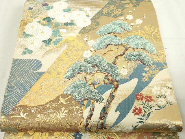 平和屋本店▼六通柄袋帯　唐織　琳派松寿文　本金箔　正絹　逸品　DABE9065sf