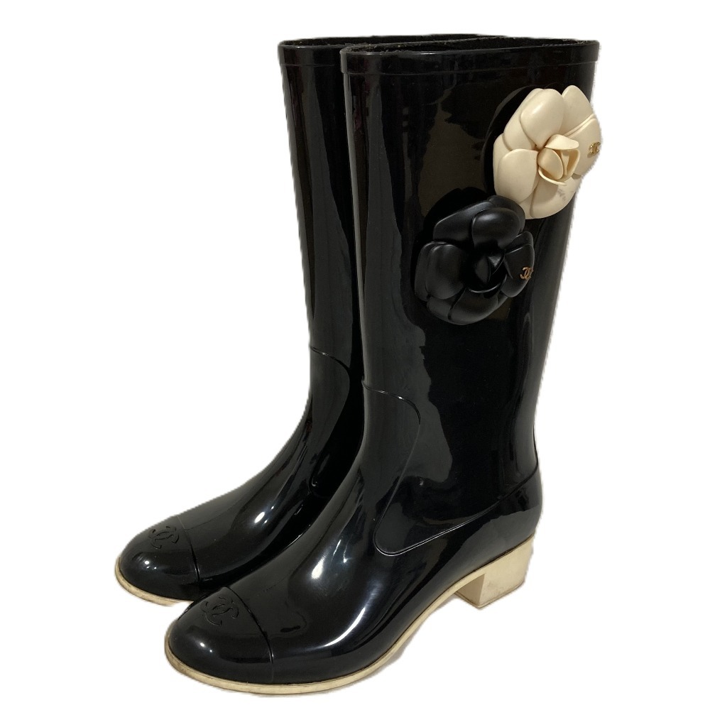 良品 CHANEL シャネル カメリアコサージュ レインブーツ 37 約23.5cm ブラック