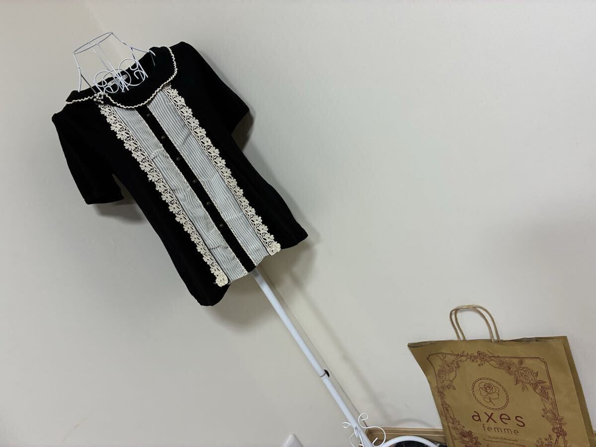 axes femme アクシーズファム☆ビジュー.レース飾り襟付きプリーツシフォン切替レース飾りバイカラーブラウス風プルオーバートップス☆used
