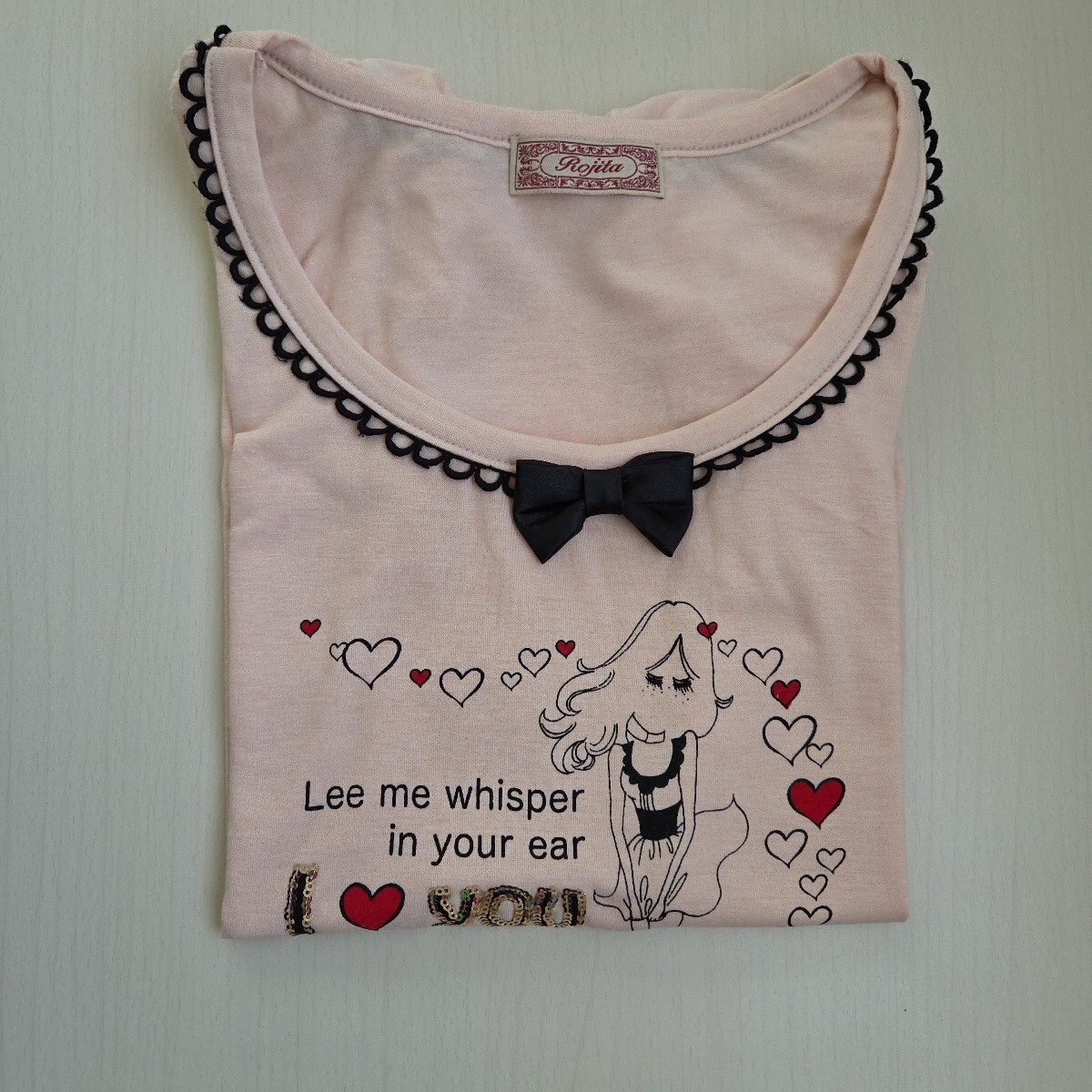 ROJITA ロジータ パフ半袖カットソー　リボン ハート柄 ピンクベージュ系さくら色　レディース　トップス　Tシャツused 美品