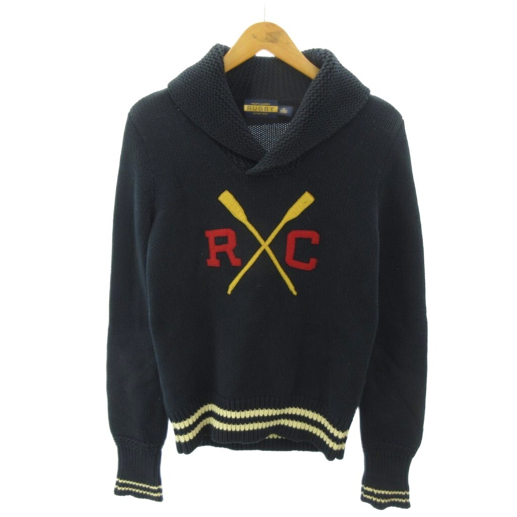 ラルフローレン ラグビー RALPH LAUREN RUGBY ニット セーター ロゴ パッチ ライン ショールカラー XS 紺 ネイビー 0427 メンズ