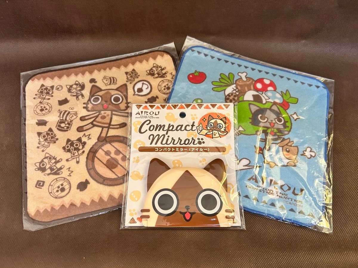 ★未使用★モンスターハンター AIROU アイルー コンパクトミラー 鏡 ミニタオル2枚 3点セット モンハン メラルー プーギー二手;物流保障;未使用;易碎品