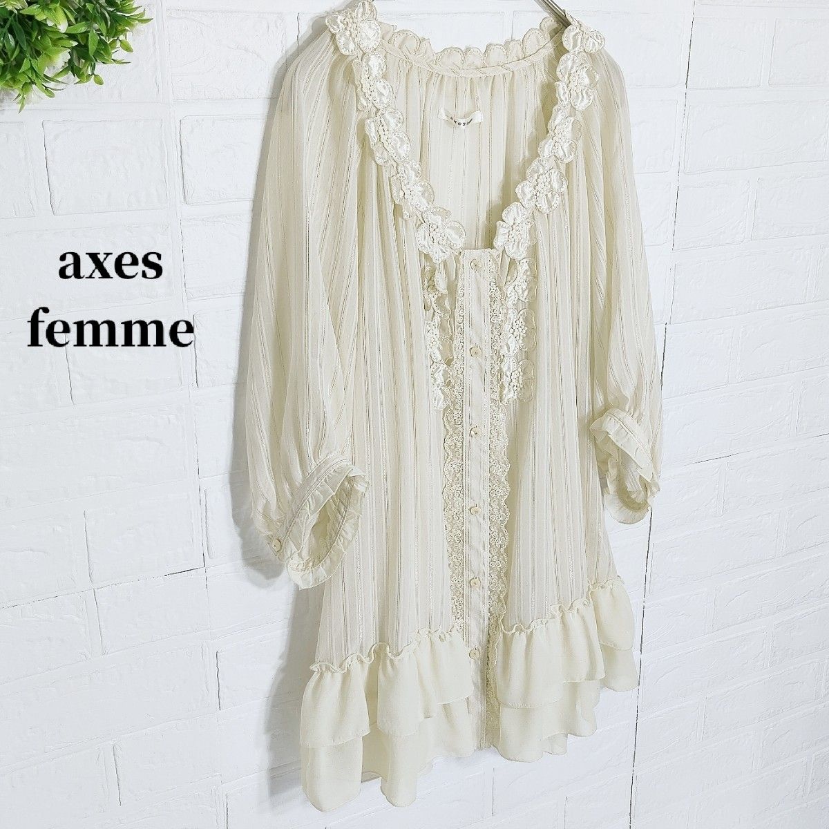 アクシーズファム axes femme ブラウス 五分袖 レース 花柄モチーフ ストライプ フリル シースルー 春夏二手;物流保障;有些许损伤或污渍