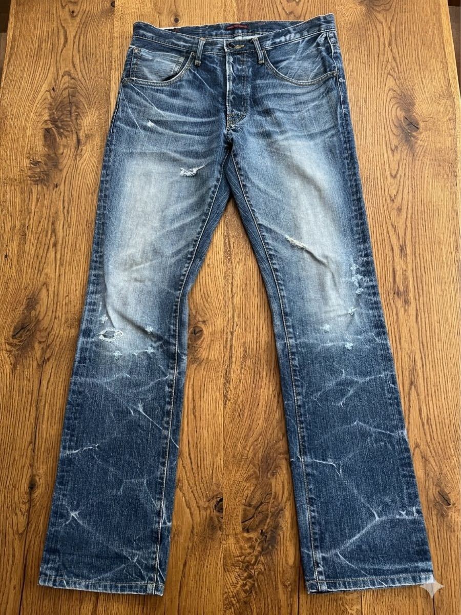 【日本製】BLUE WAY ブルーウェイ M1171 (32) MODERN VINTAGE 鬼ヒゲ ハチノス クラッシュ リペア加工 ストレート デニム パンツ ジーンズ