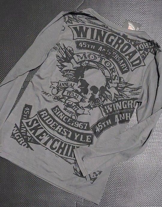 【新品未使用タグ付き】WINGROAD ロンT 長袖Tシャツ グレー 　ラメ刺繍デザイン二手;物流保障;未使用
