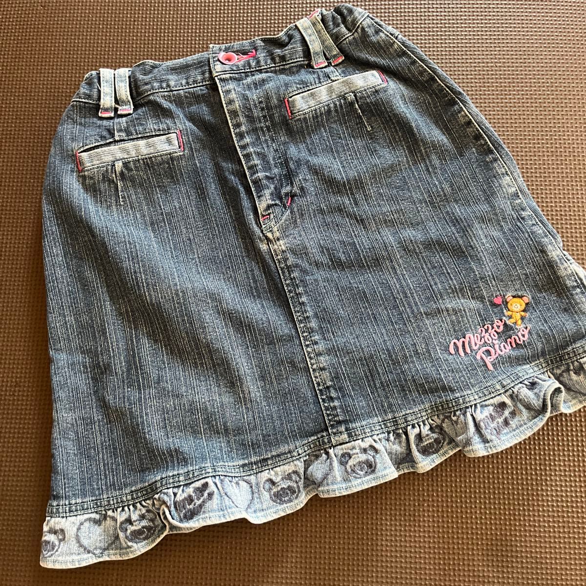 メゾピアノ デニムスカート フリル くま刺繍入り 女の子 キッズ　くま二手;物流保障;没有明显的损伤或污渍