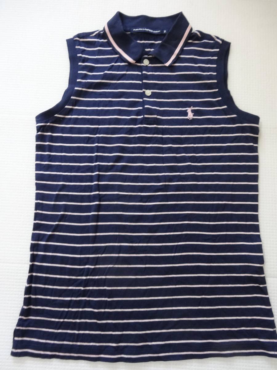 30.RALPH LAUREN GOLF ラルフローレンゴルフ S ノースリーブ ボーダー 紺 ピンク