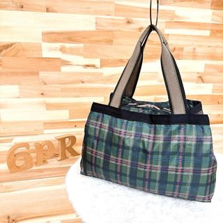 【レスポートサック】タータンチェック トートバッグ ミニボストン 緑グリーン×黒ブラック ボストンバッグ 軽量ナイロン 総柄