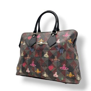 良品 Vivienne Westwood ヴィヴィアンウエストウッド ボストンバッグ オーブ 総柄 チェック グレー PVC レザー マルチカラー ゴールド金具 ロゴ ファスナー ダブルハンドル レディース メンズ ユニセックス S21