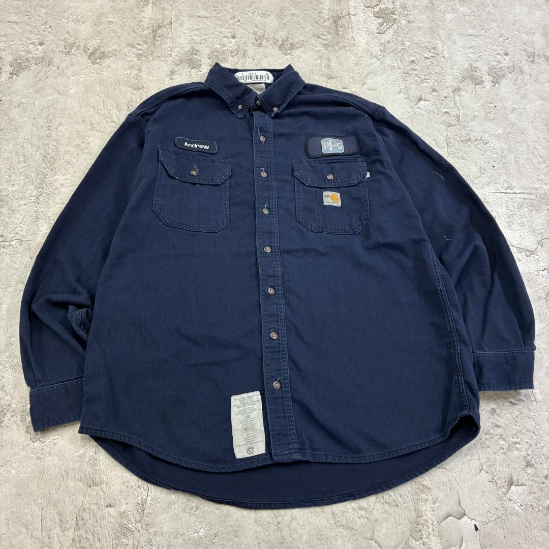 Carhartt FR ワッペン 企業ロゴ ワークシャツ L 紺 無地 古着