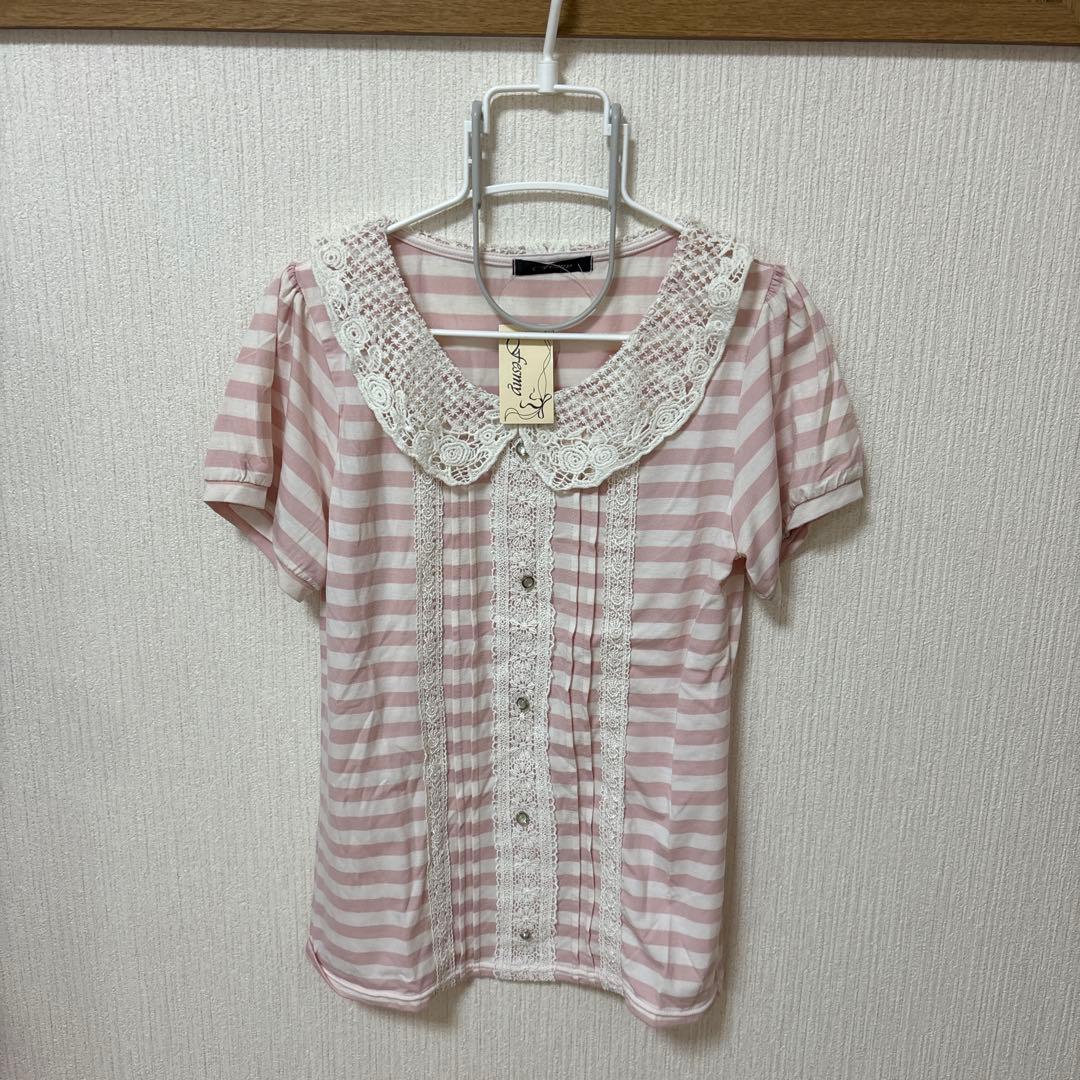 fesmy レース襟 ボーダー 半袖カットソー Lサイズ