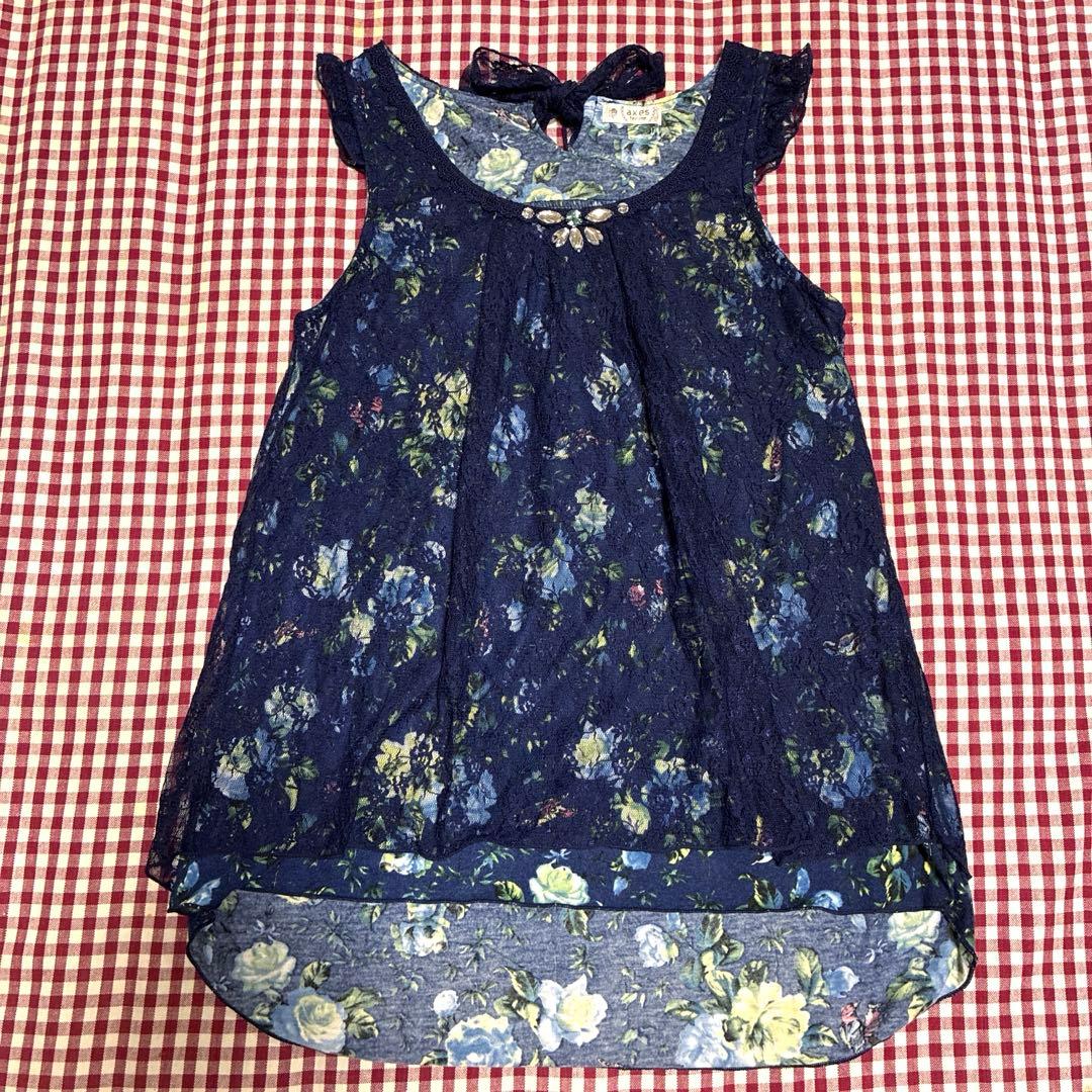 axesfemmeアクシーズ ネイビー　花鳥柄レースリボンビジューチュニック