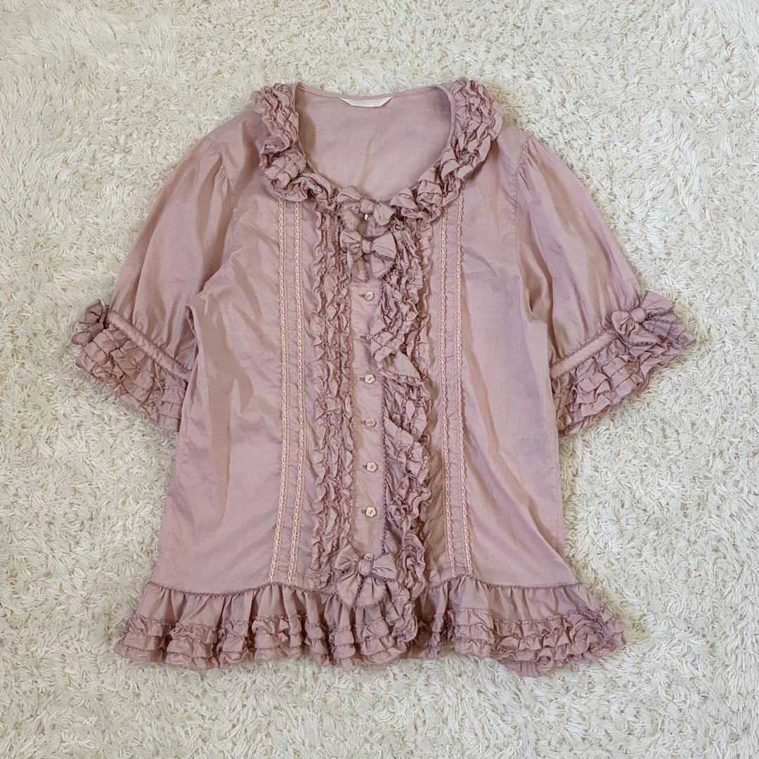 ピンクハウス ピコフリル リボン ピンク 当時品 美品 半袖 ブラウス シャツPINK HOUSE;没有明显的损伤或污渍
