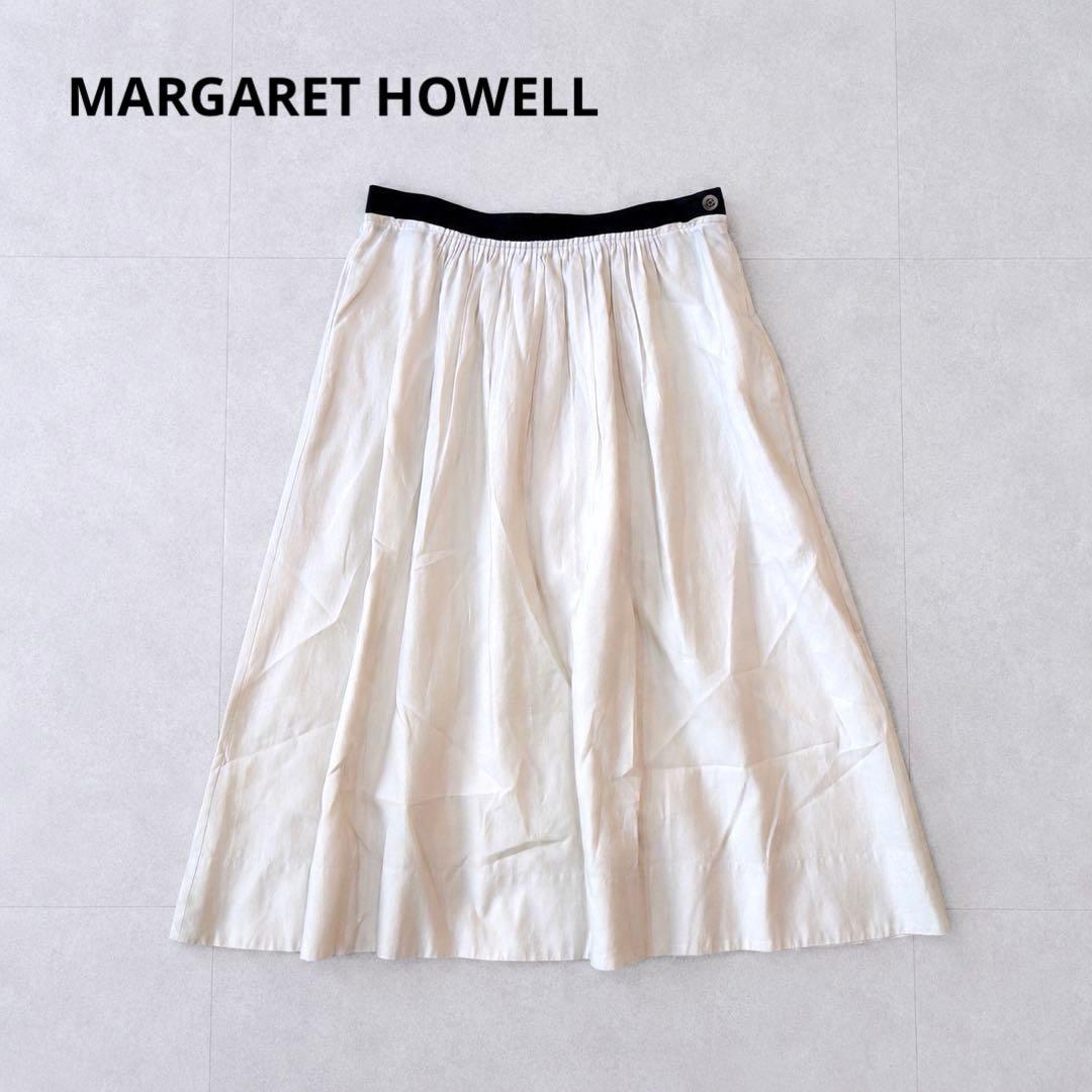 マーガレットハウエル シルク混 フレアスカート ギャザー M アイボリー 黒MARGARET HOWELL;没有明显的损伤或污渍