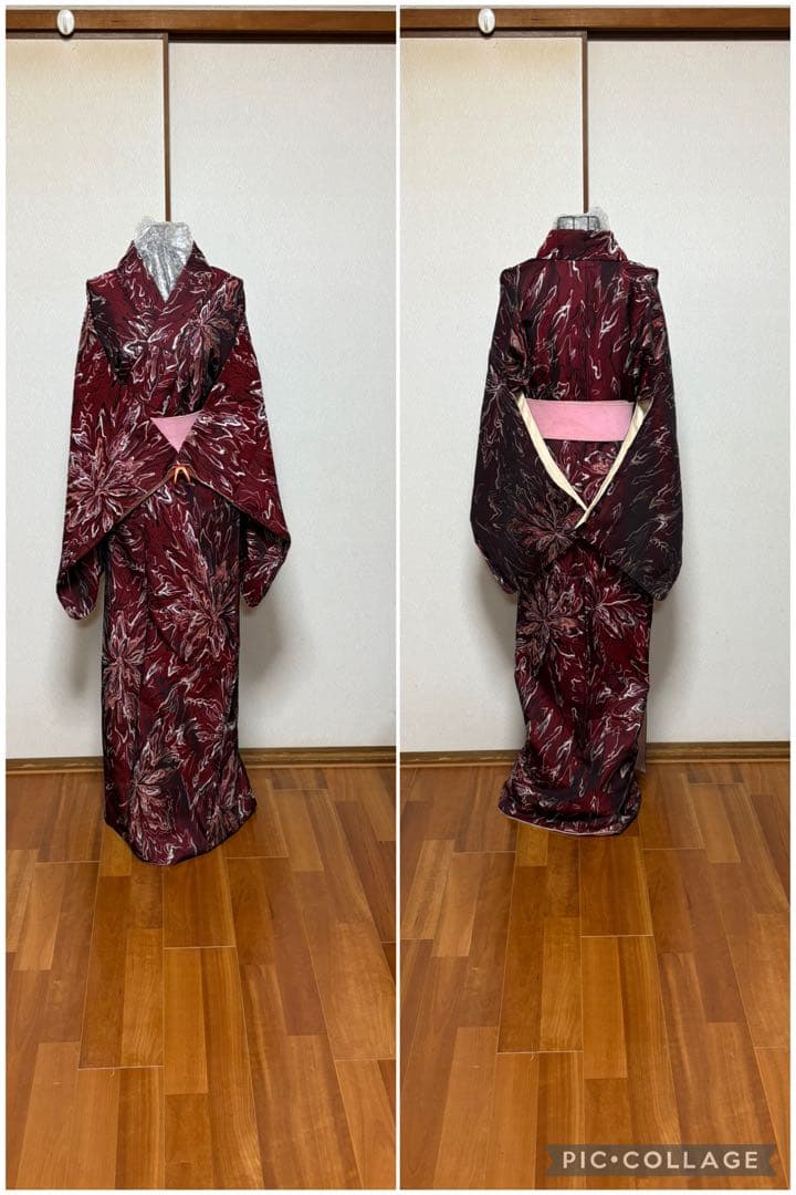 ★袖しつけ付きアンティーク!!葡萄茶地 金銀白黒ピンク花紋 袷