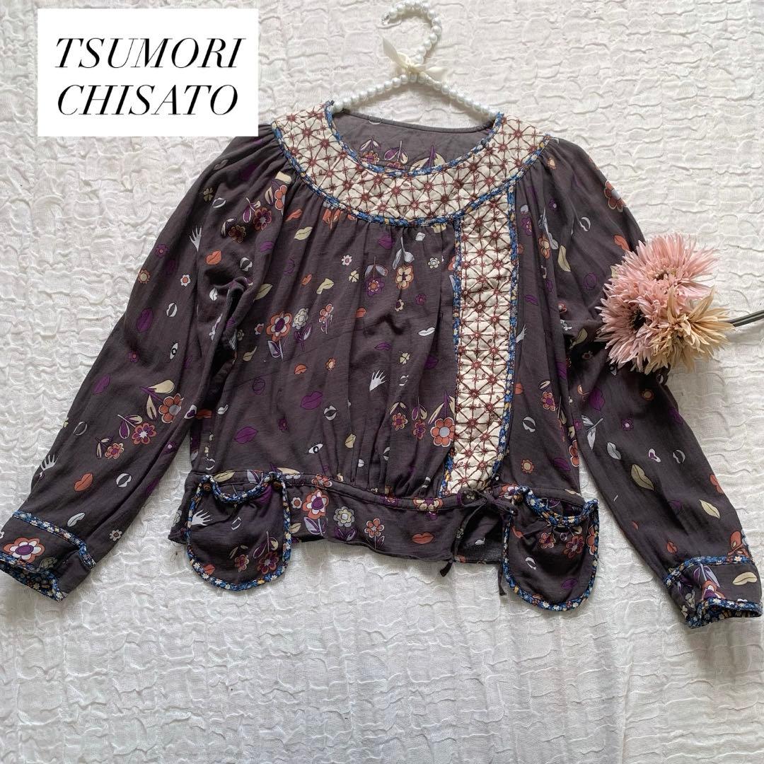 TSUMORI CHISATO ツモリチサト　花柄ブラウス　猫　　チュニックTSUMORI CHISATO;没有明显的损伤或污渍