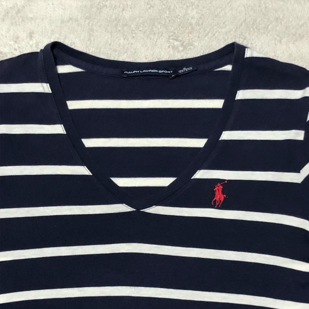 ラルフローレンスポーツ 半袖Tシャツ Vネック ボーダー ポニー刺繡 MサイズRALPH LAUREN SPORT;没有明显的损伤或污渍