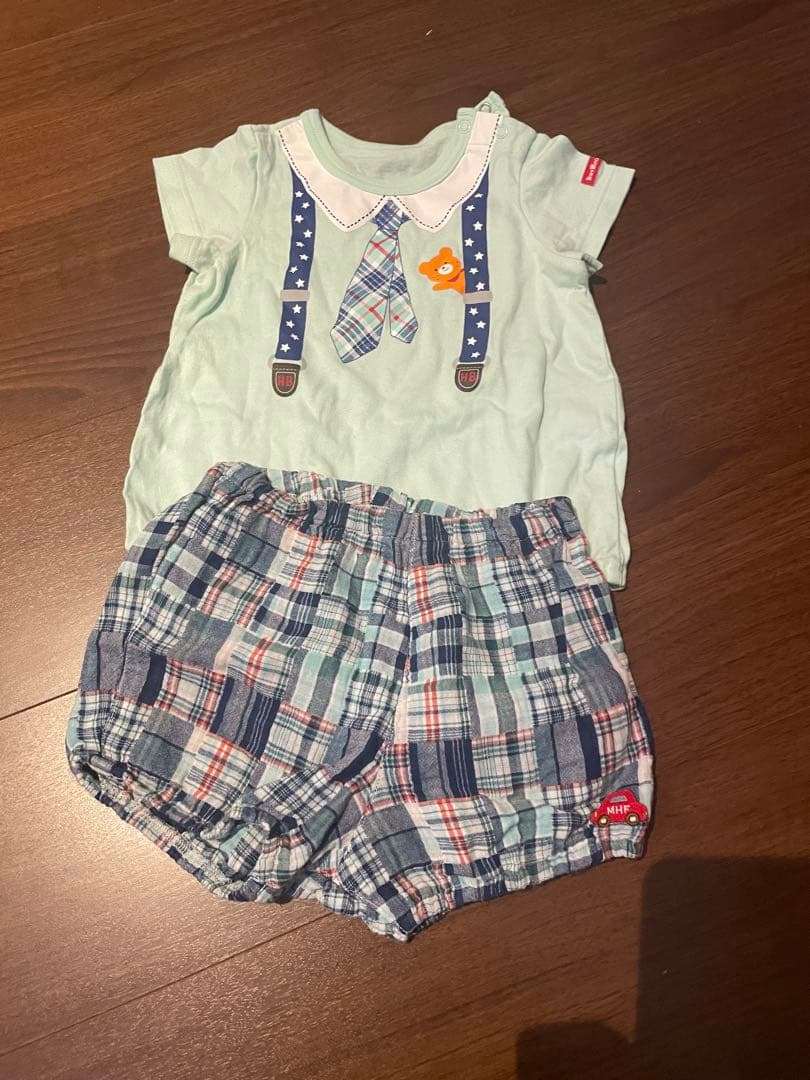 ミキハウス　ホットビスケッツ サスペンダーロンパース　短パン上下セット　美品