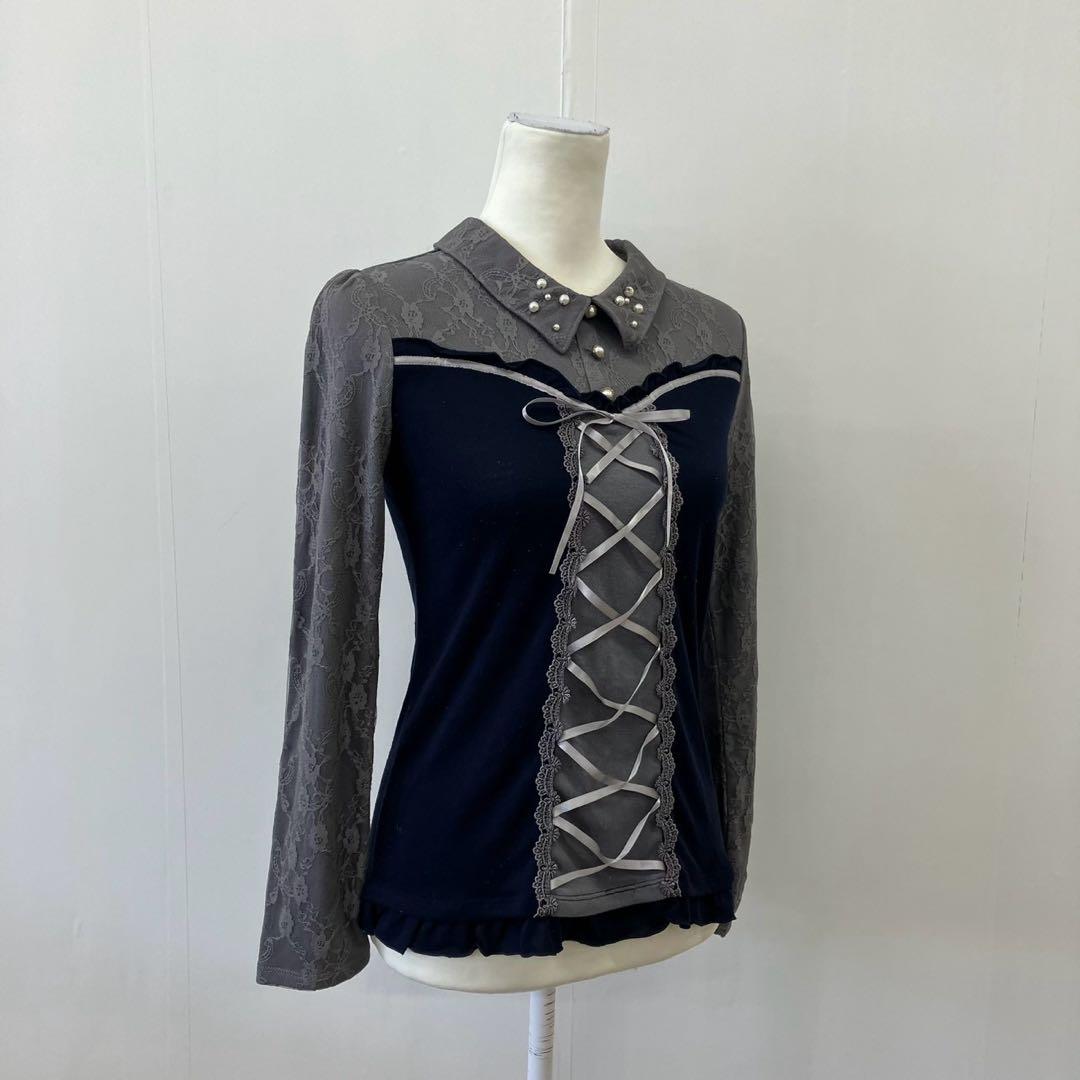 【a1838】アクシーズファム 長袖ブラウス レース ネイビー コルセット風 Maxes femme;没有明显的损伤或污渍