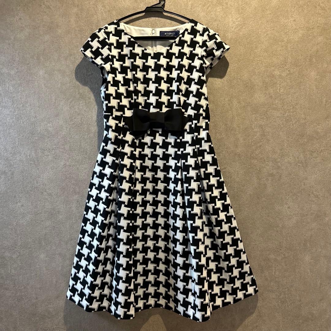 【美品】エムズグレイシー 膝丈ワンピース 千鳥格子 リボン Aライン 38M'S GRACY;没有明显的损伤或污渍