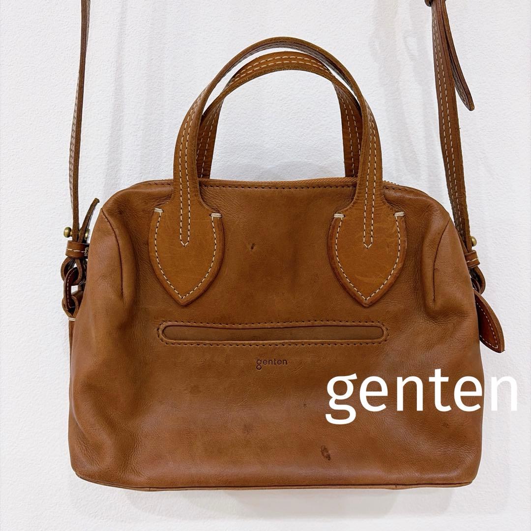 genten ゲンテン カーフレザー ショルダーバッグ ブラウンgenten;有损伤或污渍