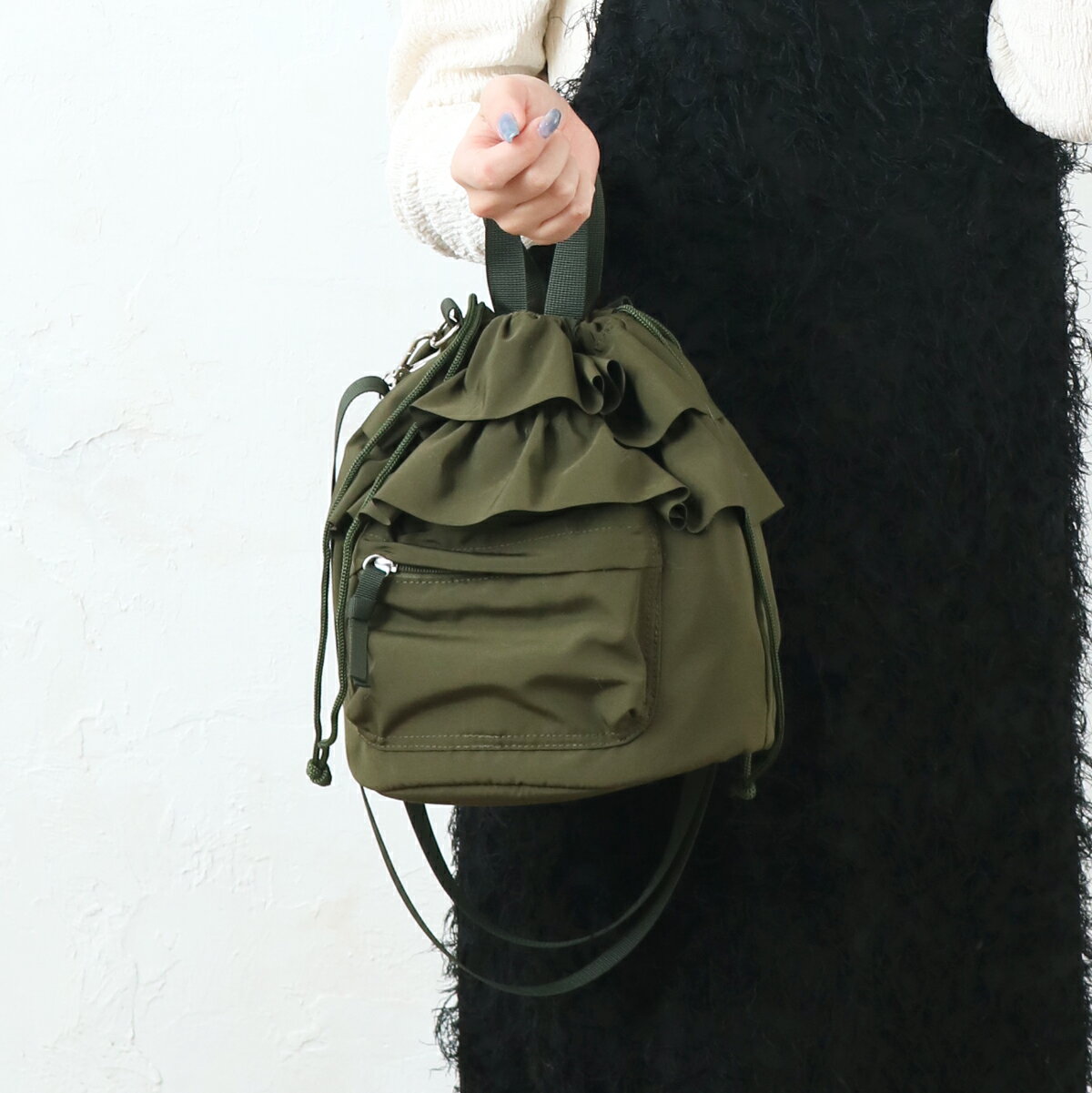 フリルドロストショルダー BAG バッグ レディース メンズ 男女兼用 ユニセックス プレゼント おしゃれ お洒落 トレンド 映え アイボリー ブラック グレージュ カーキ 春 夏 メール便不可