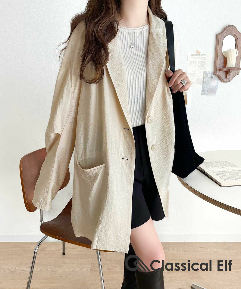 【 クラシカルエルフ classical elf 】 アウター 春 レディース ジャケット シアー 素材 シングル テーラード JK シボ感 透け感 ゆるっと オーバーサイズ ポケット 袖 タック 高見え 羽織り 着回し 大きいサイズ 春 夏 クラシカルエルフ ce1260319