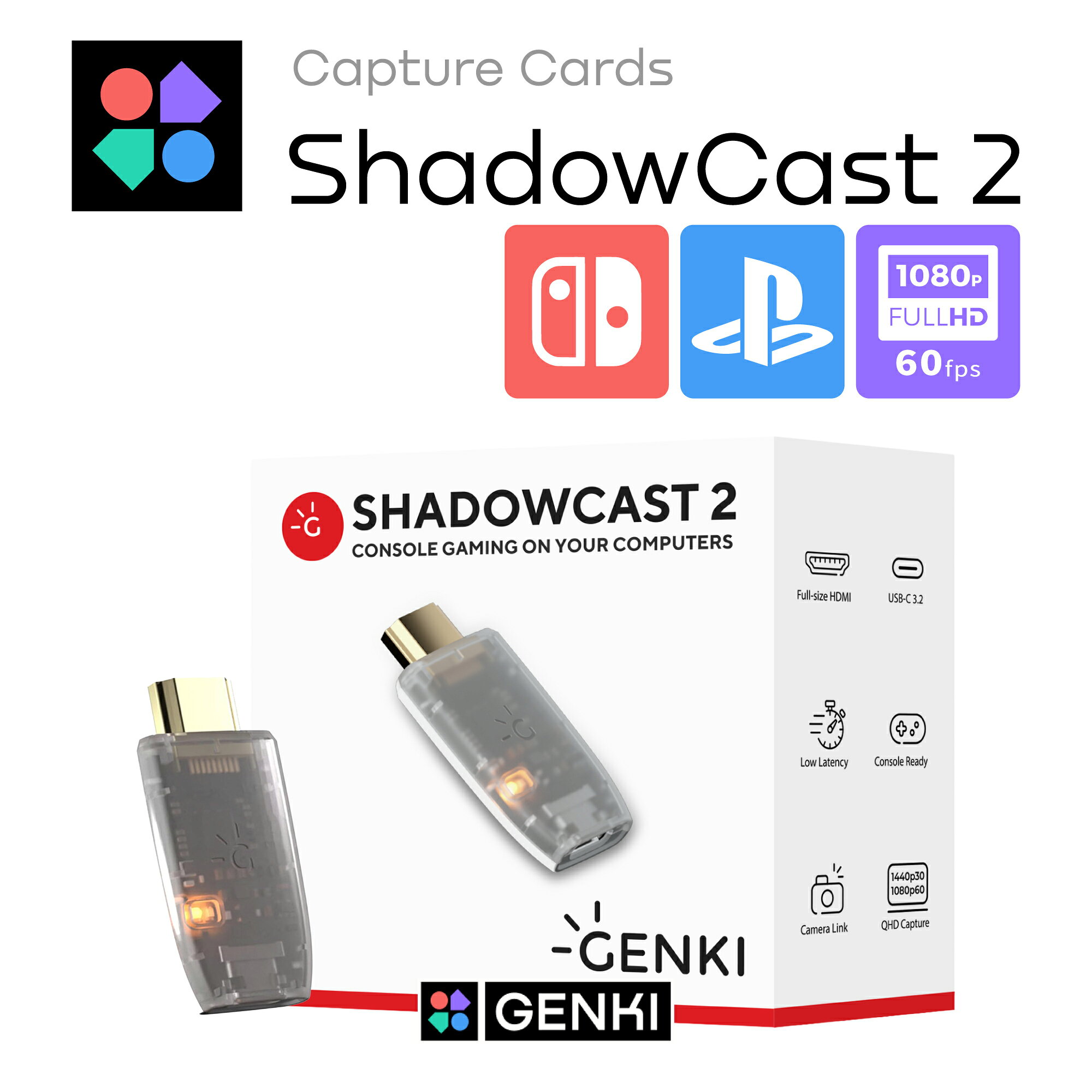 【正規販売店】 Genki Shadow Cast2 キャプチャーボード Nintendo Switch2 スイッチ Play Station5 PS プレステ Steam Deck HDMI シャドウキャスト2 キャプチャーユニット 超軽量 1,080p60fps ゲーム実況 配信画面共有 ビデオ入出力