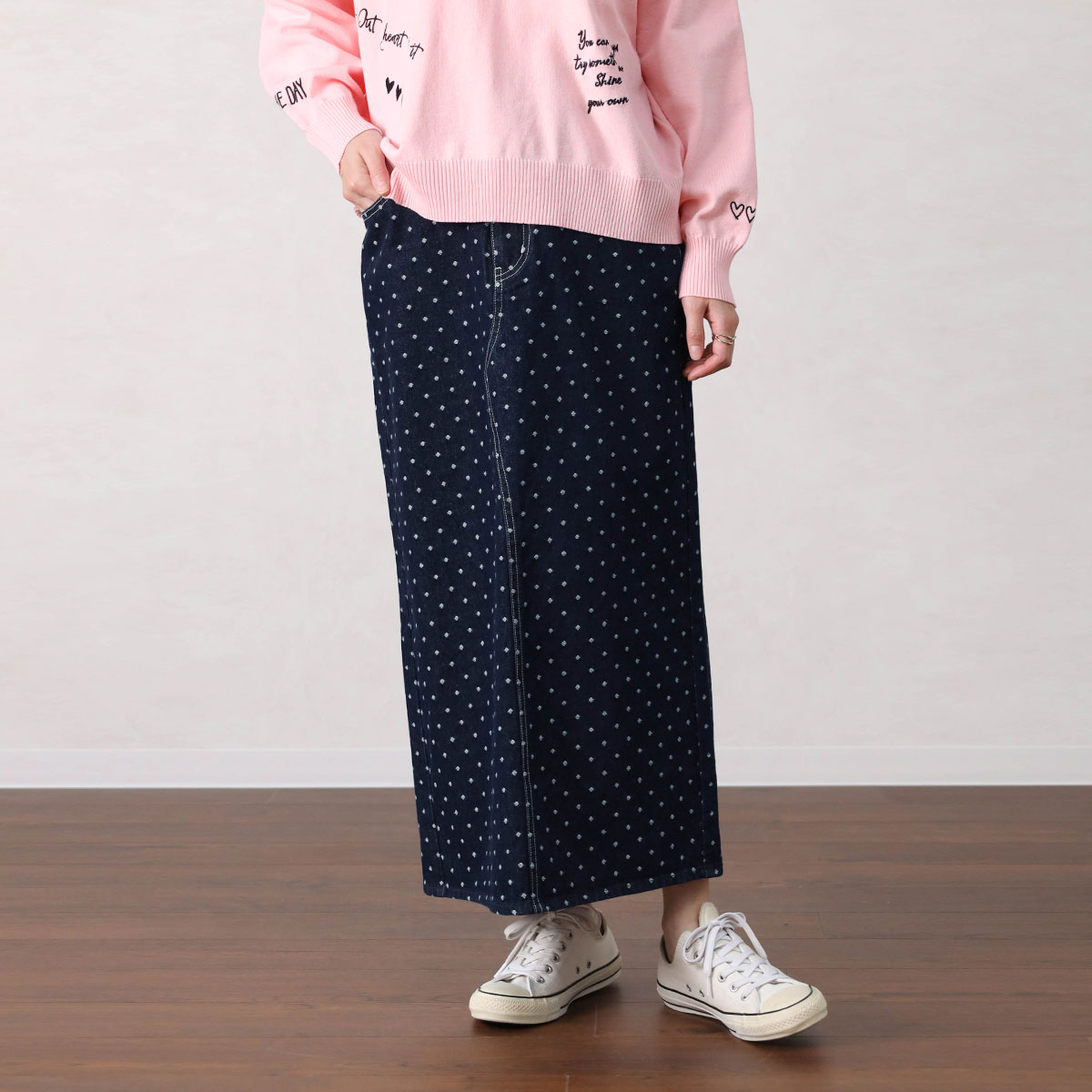 【Vin ヴァン】 ドットデニムスカート デニムスカート デニム ドット バッグスリット レディース カジュアル フェミニン キレイめ デイリー トレンド タイトスカート タイト