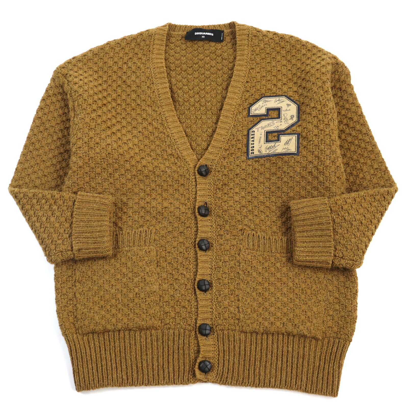 極美品○DSQUARED2 ディースクエアード S74HA1084 S17409 アルパカ混 レザーワッペン付き 厚手 長袖/ロングスリーブ ビッグカーディガン キャメル XS イタリア製 正規品 メンズ【中古】