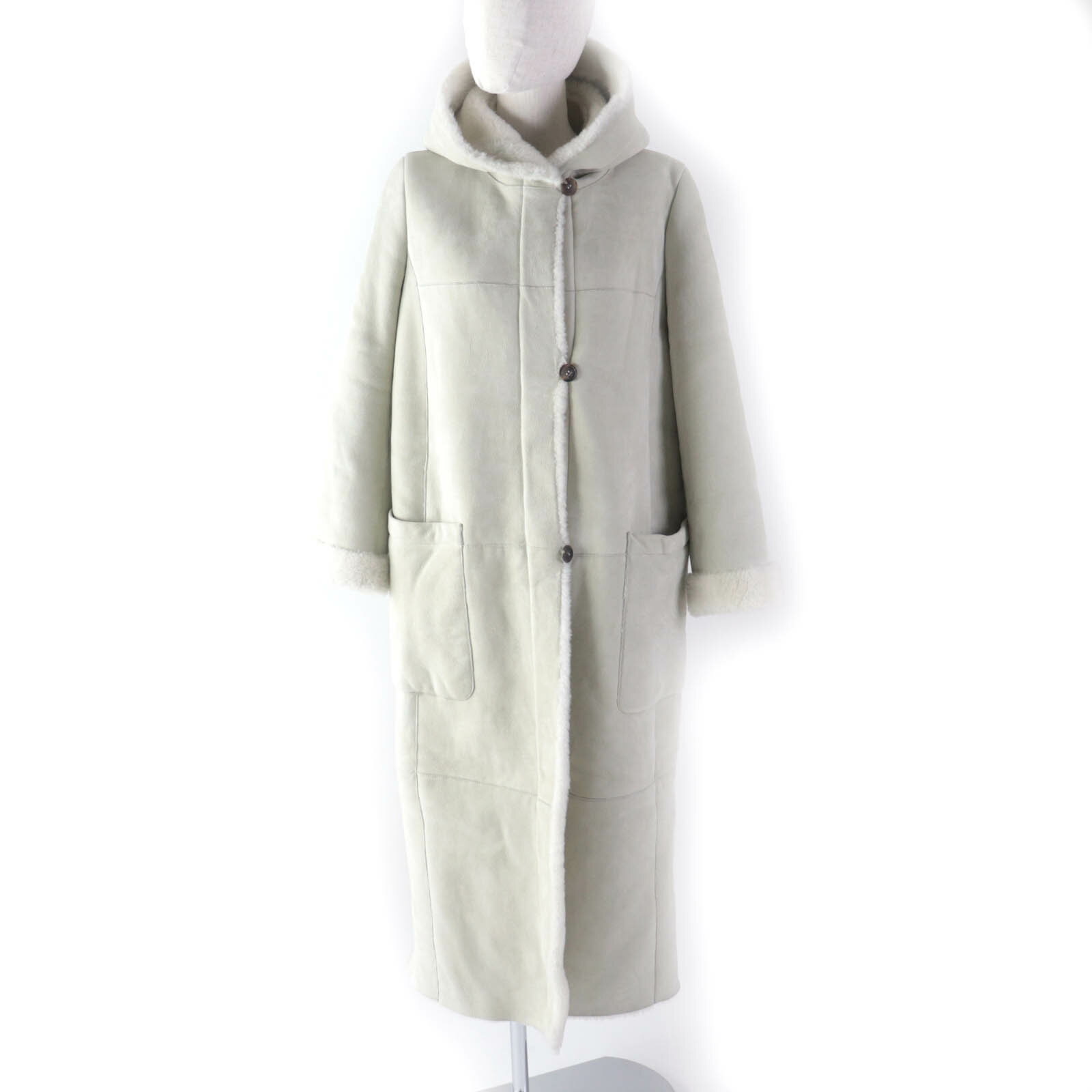 美品★Max Mara マックスマーラ 白タグ 超ロング丈 フーテッド ムートンコート ライトグレー 42 ハンガー付 正規品 レディース【中古】