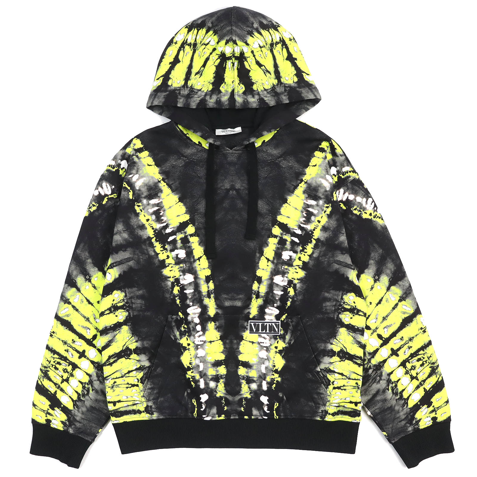 極美品△VALENTINO ヴァレンティノ 2020年製 VLTNロゴラバー付き 総柄 フーデッド プルオーバー パーカー ブラック系 イエロー ホワイト系 S イタリア製 正規品 メンズ オススメ◎【中古】