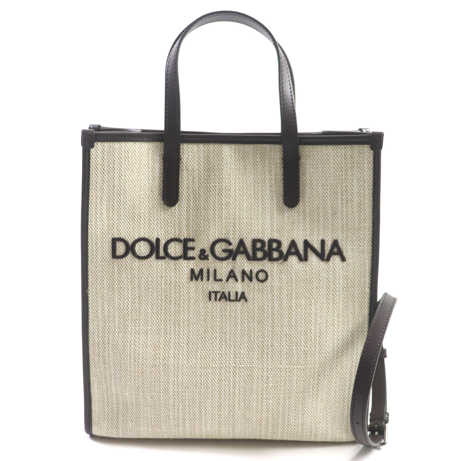 未使用品▼DOLCE&GABBANA ドルチェ＆ガッバーナ BM2259 ミディアム ショッピングバッグ ロゴ 2WAY キャンバス レザー トートバッグ ベージュ ダークブラウン 保存袋付き イタリア製 メンズ【中古】
