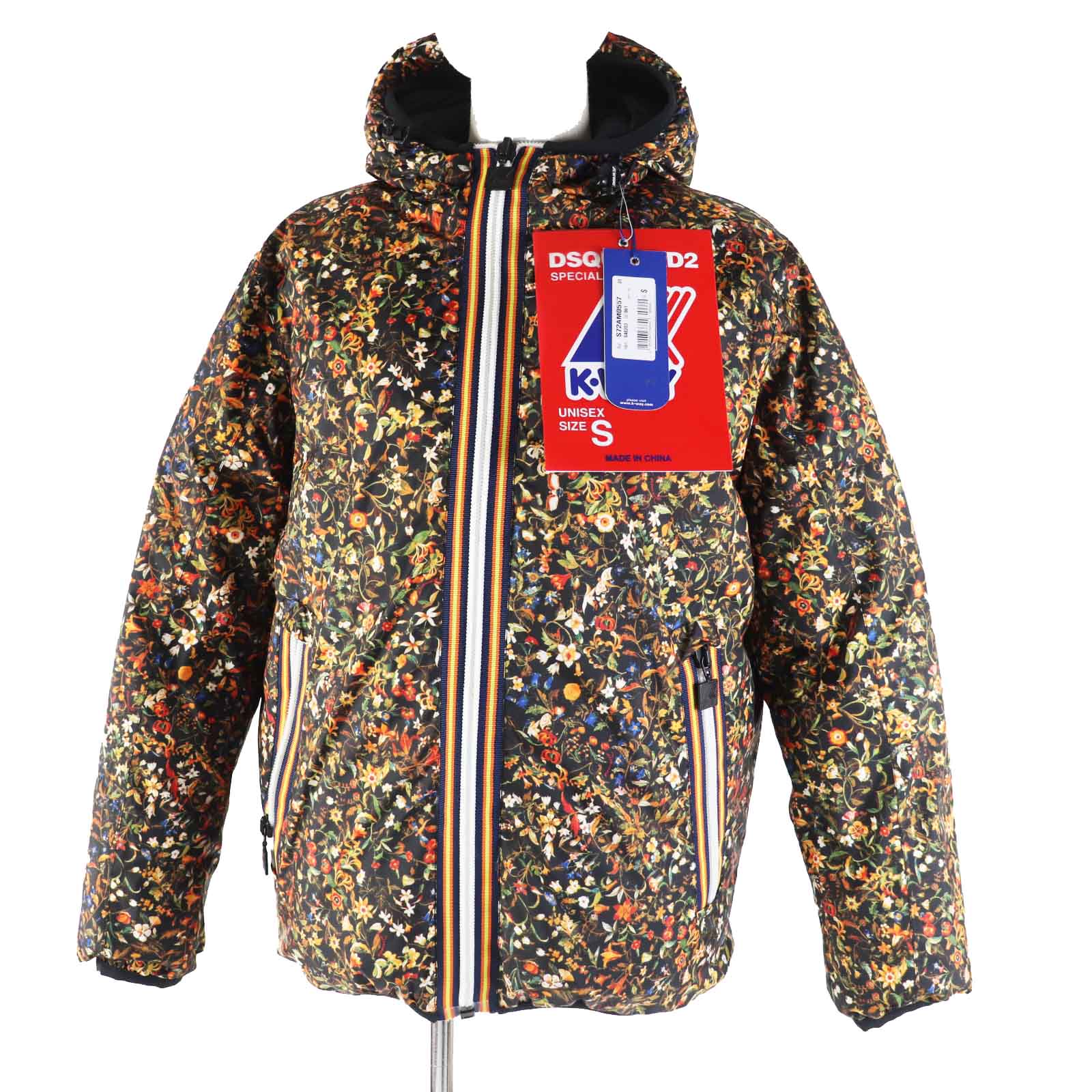 極美品◎DSQUARED2×K-WAY ディースクエアード×ケーウェイ S72AM0557 花柄×スリーブロゴ リバーシブル ダウンジャケット マルチ／ブラック S 正規品 レディース【中古】