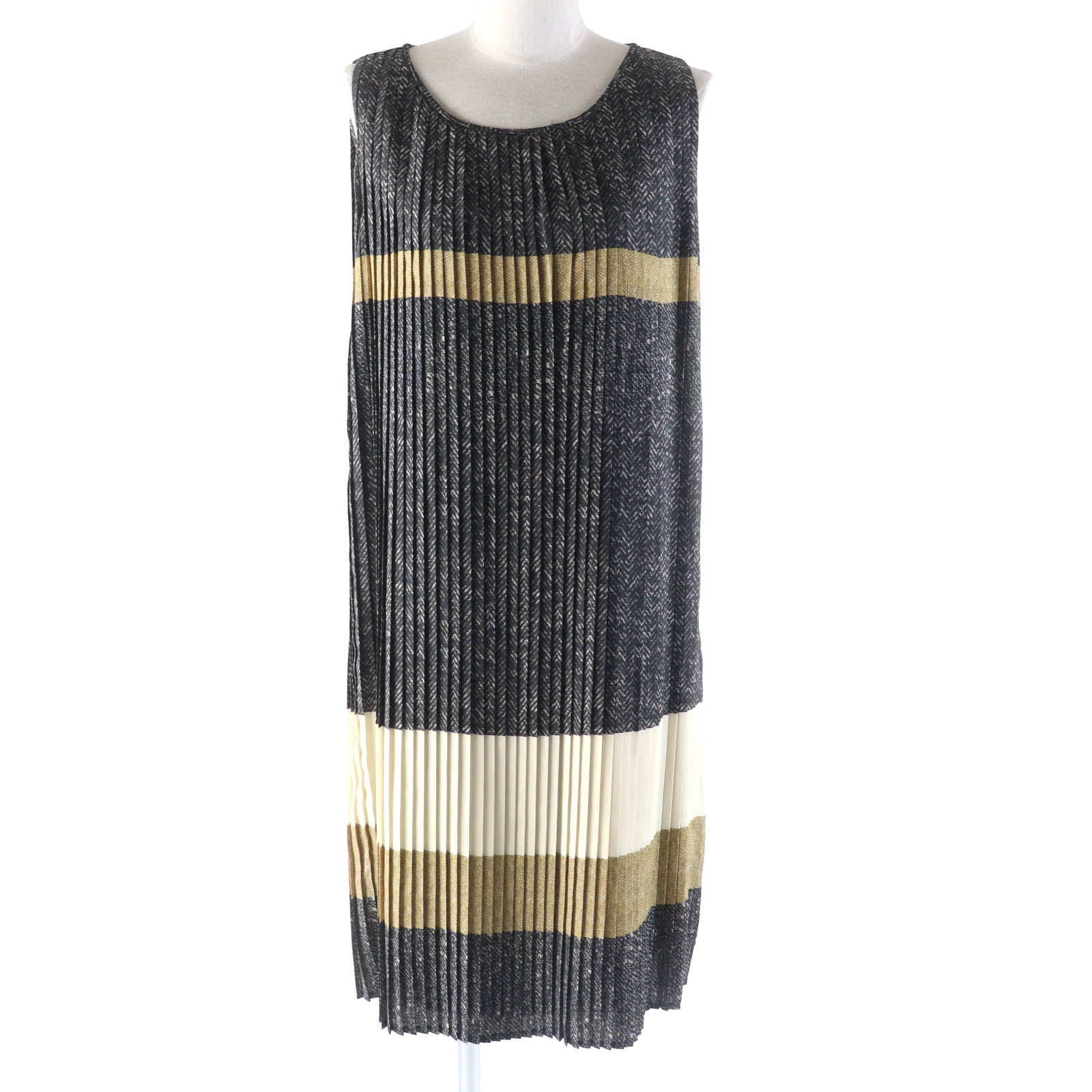 極美品★Max Mara マックスマーラ 白タグ 裏地シルク混 ノースリーブ プリーツ ワンピース マルチ 42 イタリア製 正規品 レディース【中古】