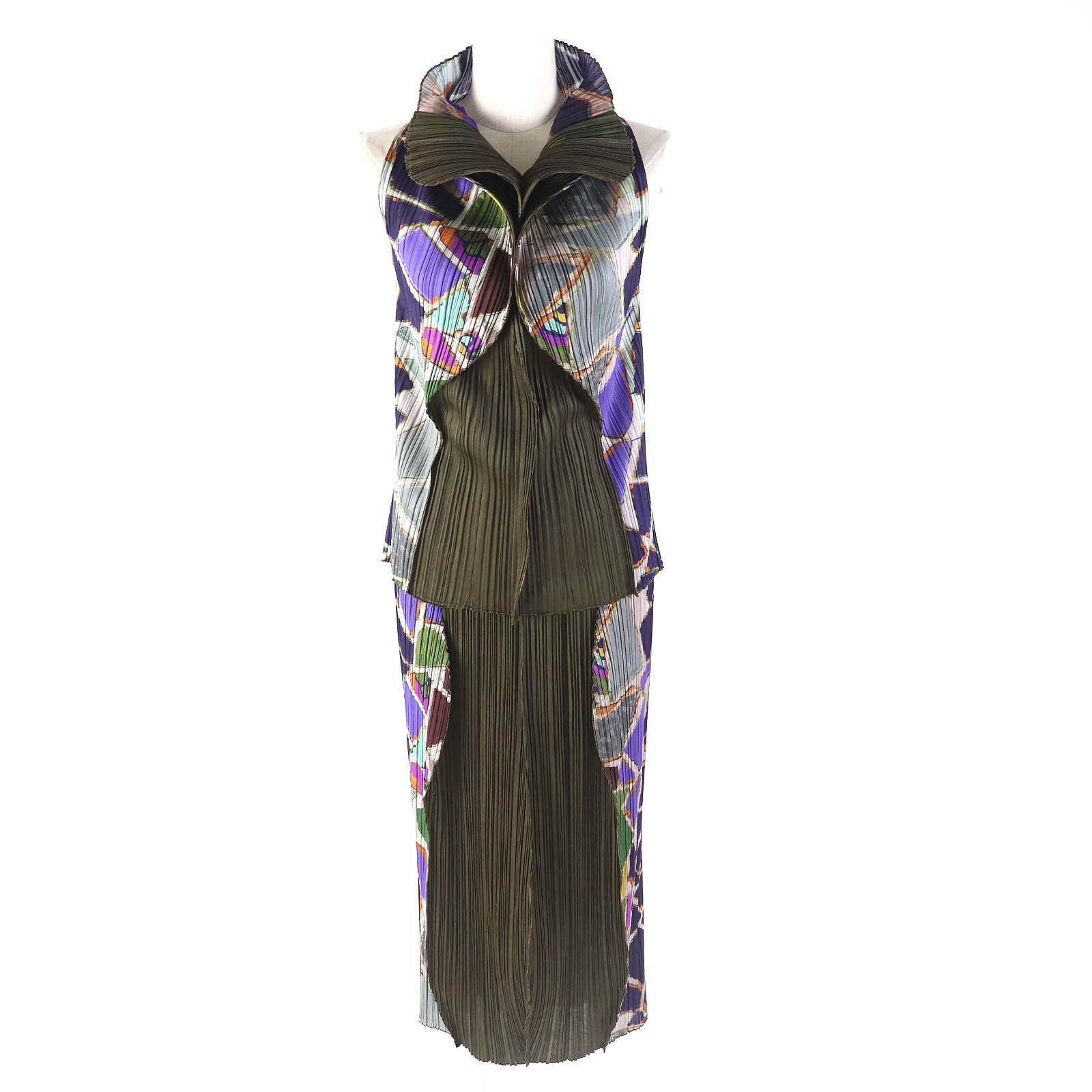 極美品△PLEATS PLEASE プリーツプリーズ イッセイミヤケ 2003年製 PP33-JK734 PP33-JG736 ガラパゴス諸島 宝石柄 総柄 幾何学模様 変形 ノースリーブトップス スカート セットアップ パープル ブラウン マルチカラー 3/2 日本製 正規品 レディース オススメ◎【中古】