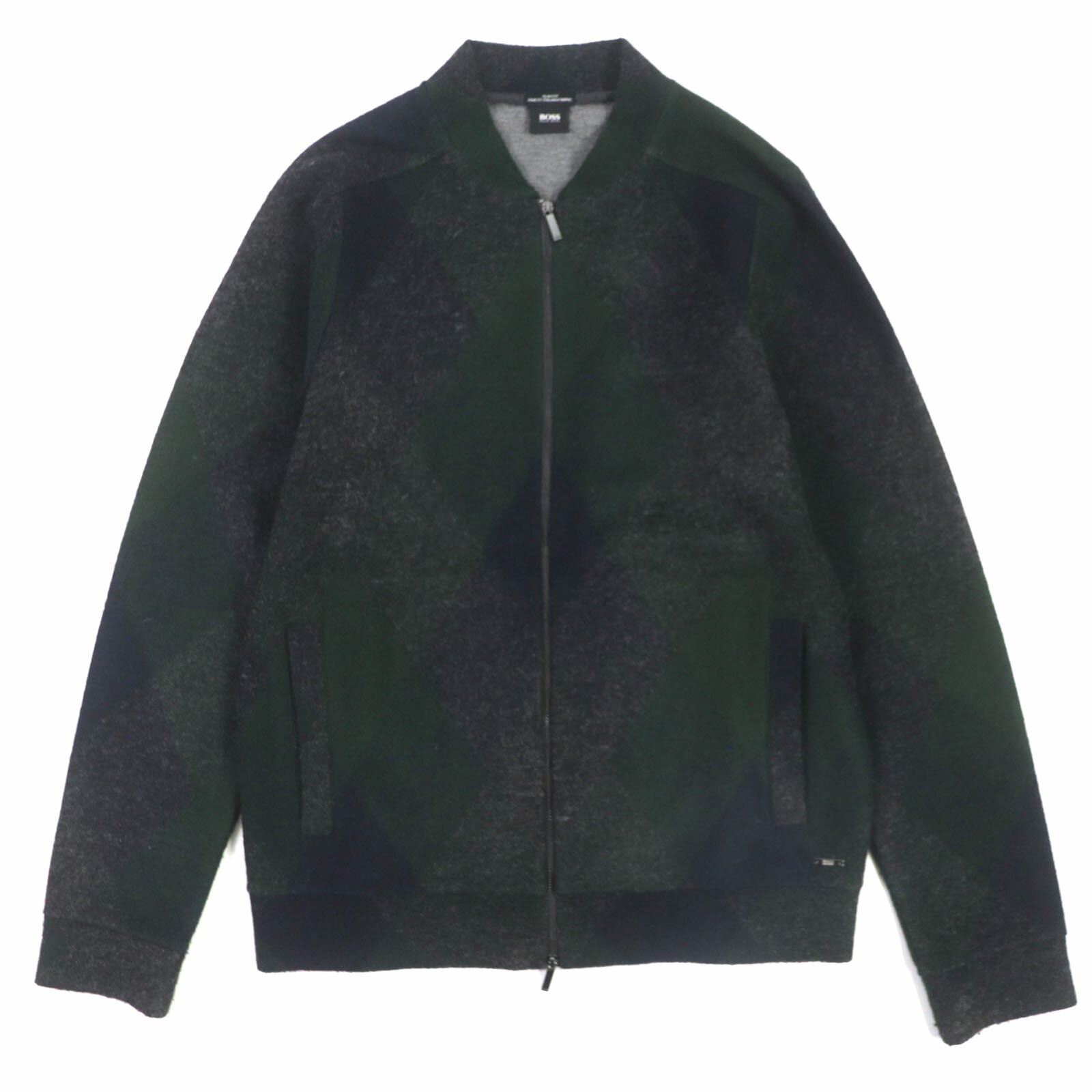 美品▼HUGO BOSS ヒューゴボス SLIM FIT FINEST ITALIAN FABRIC アーガイル シルバーロゴプレート付き WZIP ブルゾン グリーン ネイビー S 正規品 メンズ【中古】