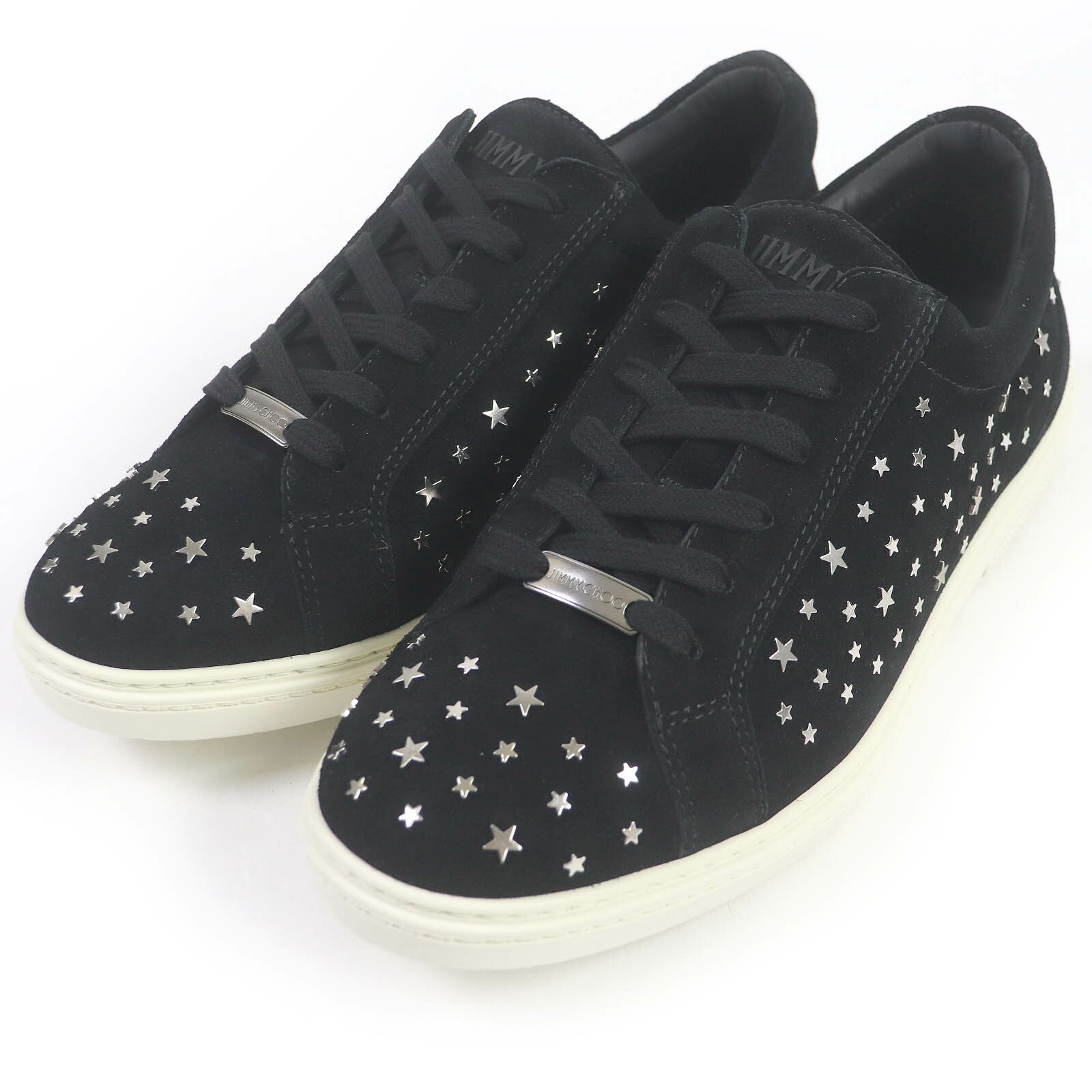 未使用品□JIMMY CHOO ジミーチュウ CASH スタースタッズ ロゴプレート スウェードレザー ローカットスニーカー ブラック 42 保存袋付き イタリア製 メンズ【中古】