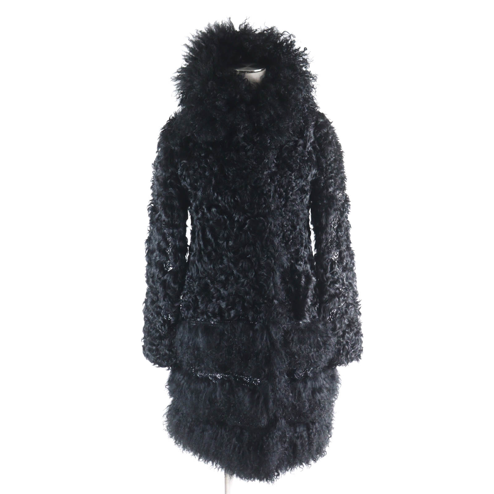 極美品★ERMANNO SCERVINO エルマンノシェルヴィーノ フード付 レザー使い ラムファー ロングコート ブラック 38 イタリア製 正規品 レディース【中古】