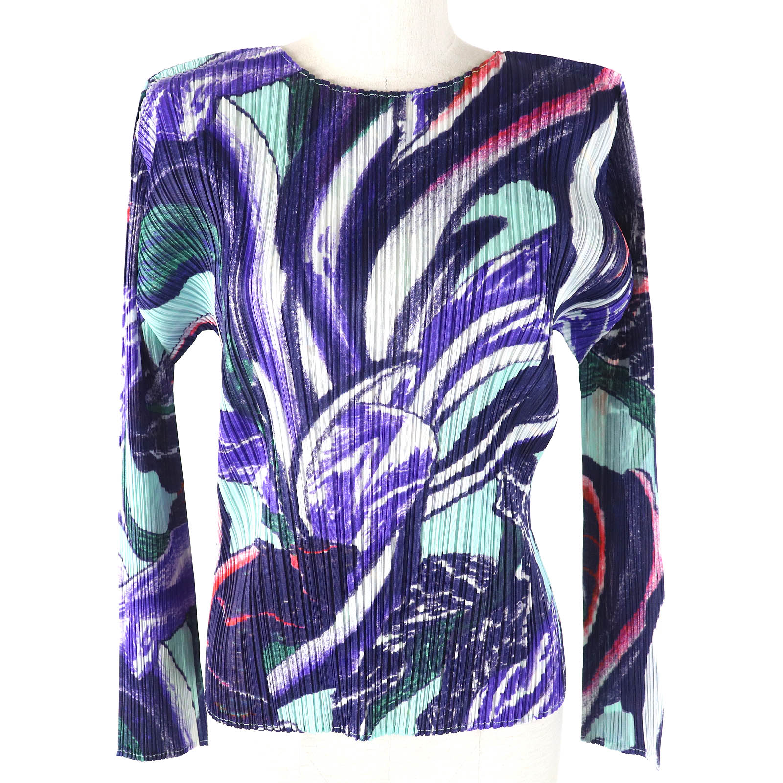 極美品△PLEATS PLEASE プリーツプリーズ イッセイミヤケ 24SS PP41JK692 TARDIVO タルティーボー ポリエステル 総柄デザイン クルーネック 長袖 カットソー トップス ブルー系 マルチカラー 3 日本製 正規品 レディース オススメ◎【中古】