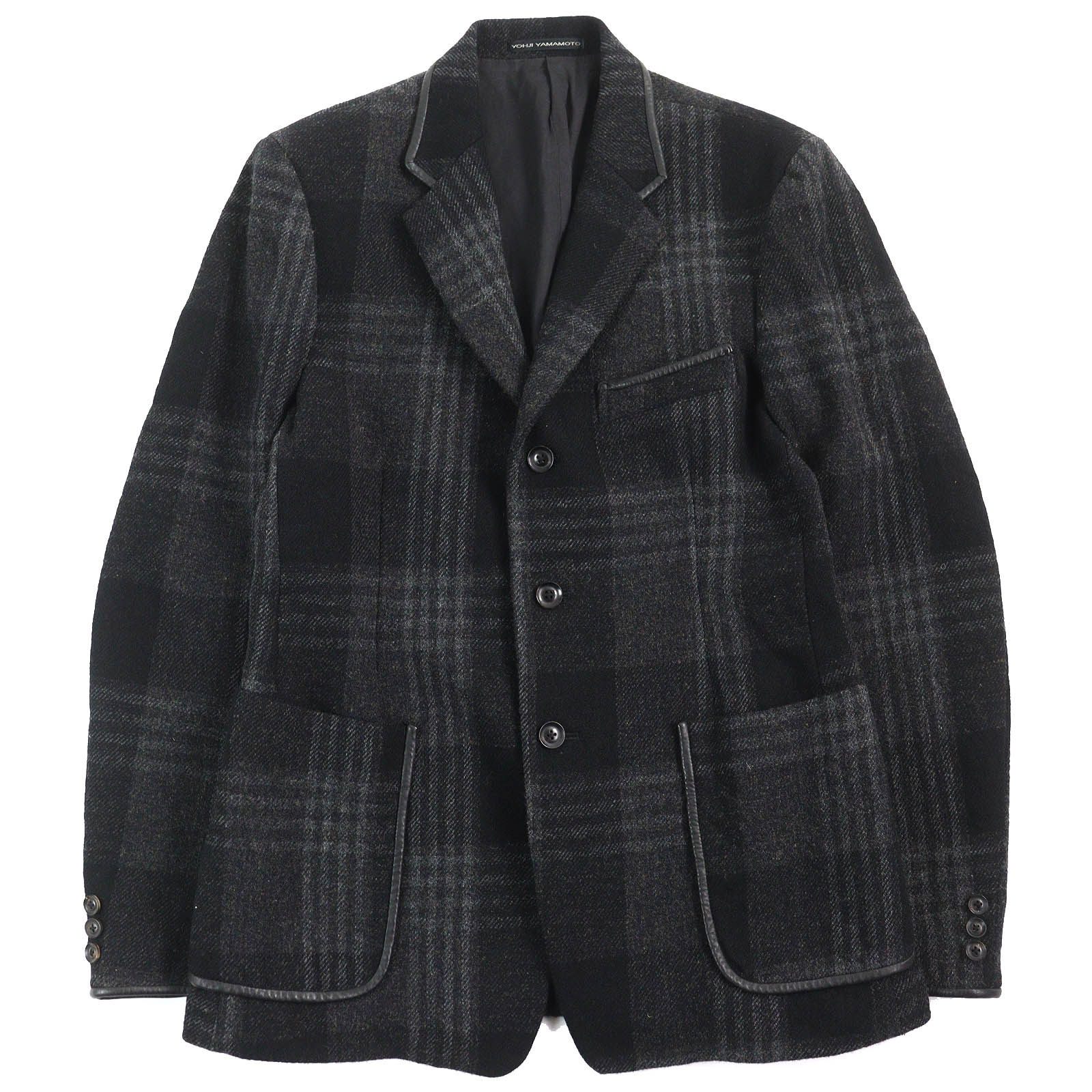 美品△Y’s for men ワイズフォーメン ヨウジヤマモト MO-J12-105 レザートリミング チェック柄 ツイード テーラードジャケット ブラック系 3 日本製 正規品 メンズ【中古】