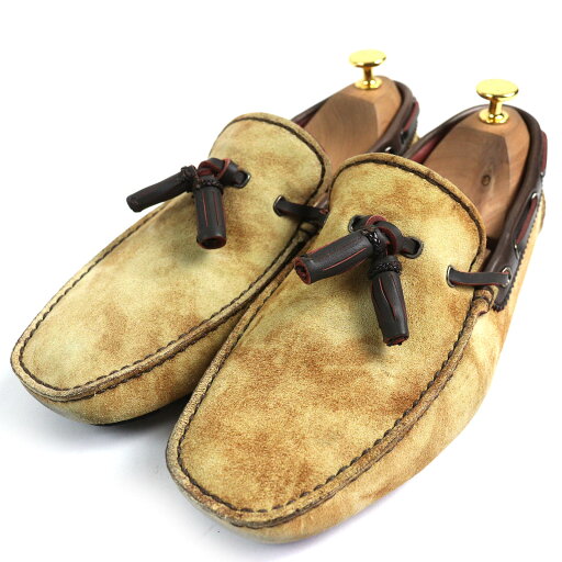 【ドンドン見直し】美品△Berluti ベルルッティ スウェードレザー スクエアトゥ タッセル ドライビングシューズ ベージュ 7.5 イタリア製 メンズ【中古】