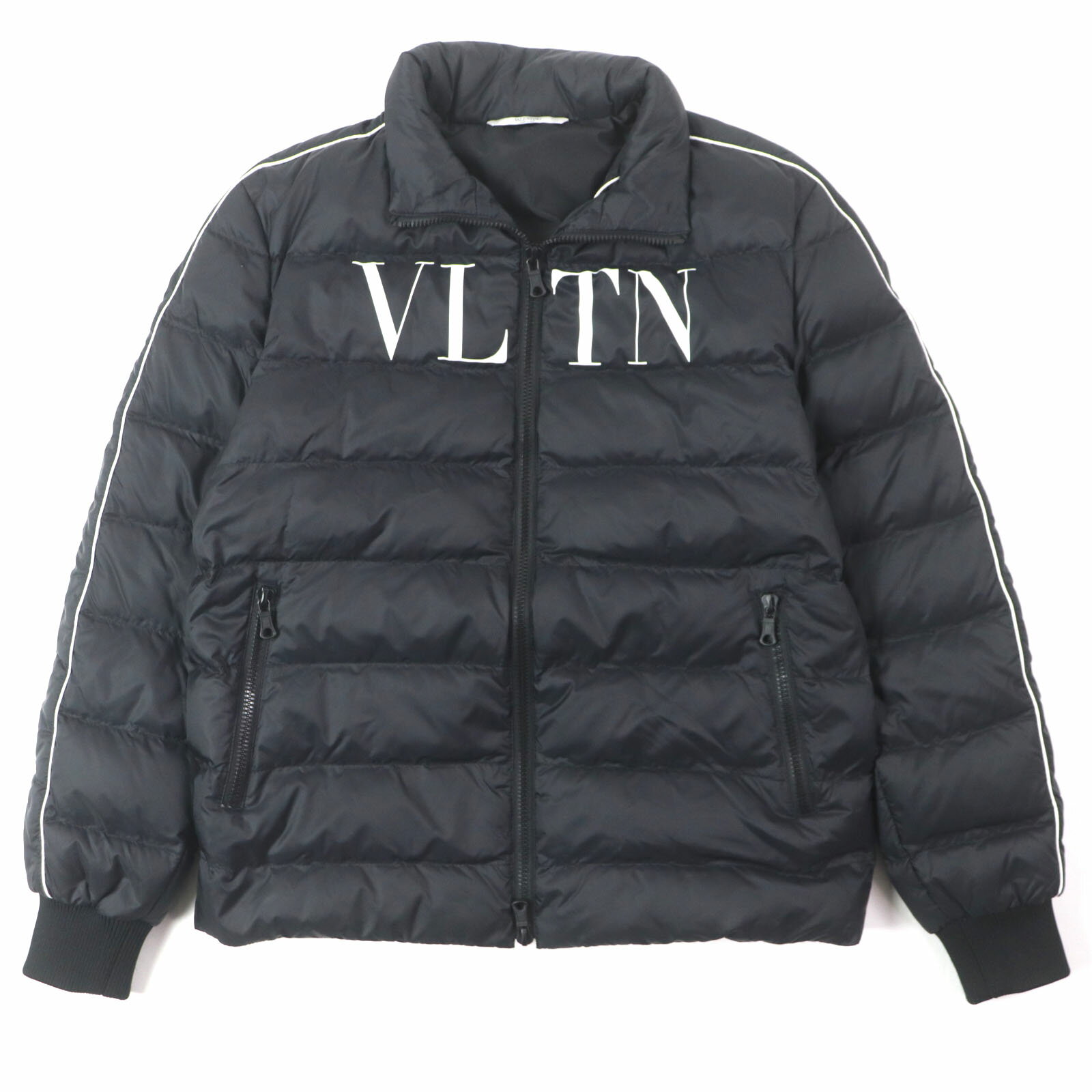 美品▼VALENTINO ヴァレンティノ VLTN フード入り ダブルジップアップ ダウンジャケット ブラック 48 イタリア製 正規品 メンズ【中古】