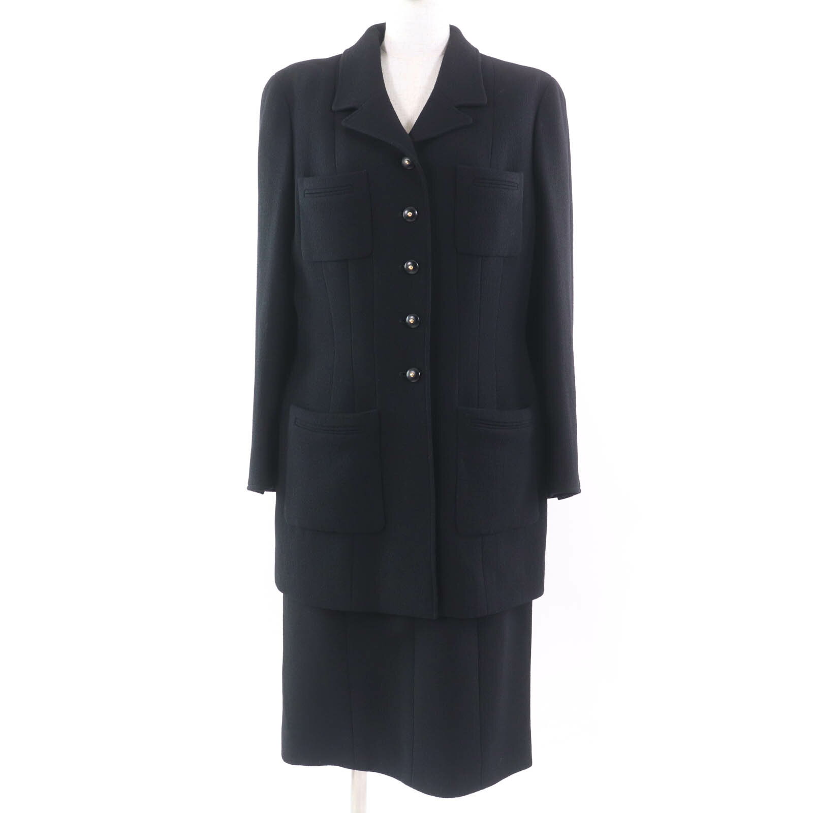 極美品☆CHANEL シャネル ヴィンテージ 95A P05422V03075 ウール100％ 希少大きいサイズ 4つポケット ココボタン ジャケット・スカート セットアップ ブラック ジャケット：46 スカート：42 フランス製 レディース【中古】
