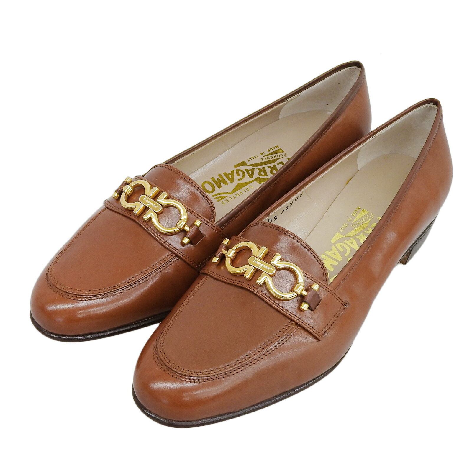 未使用品▲Salvatore Ferragamo サルヴァトーレフェラガモ 33209 BABS ダブルガンチーニ レザーローファー ブラウン ゴールド金具 7 箱付き イタリア製 レディース【中古】
